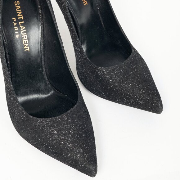 Saint Laurent Thorn Black Sparkle High-Counter Pointed-Toe Pumps - Picture 6 of 10